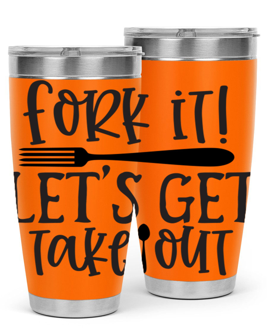 Fork It Let's Get Takeout 95# Kitchen Tumbler in stainless steel with a vibrant printed design, available in 20oz and 30oz sizes.