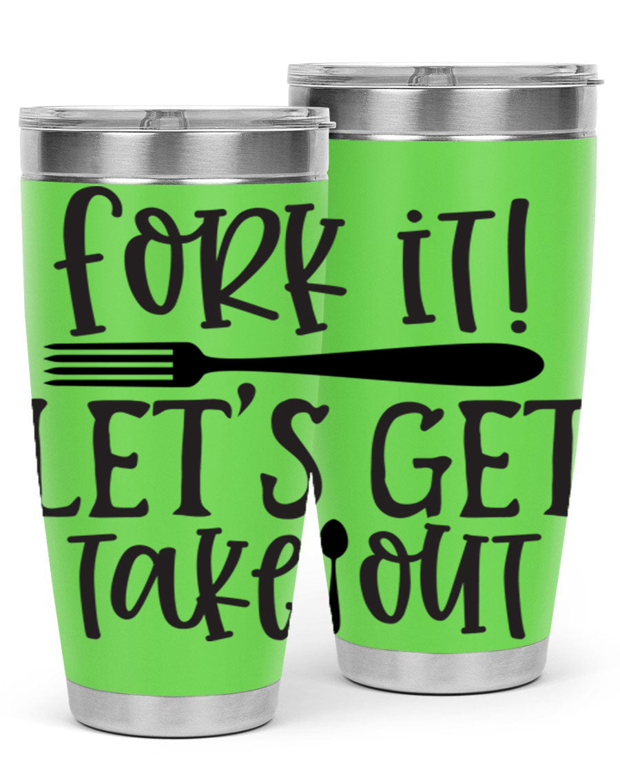 Fork It Let's Get Takeout 95# Kitchen Tumbler in stainless steel with a vibrant printed design, available in 20oz and 30oz sizes.