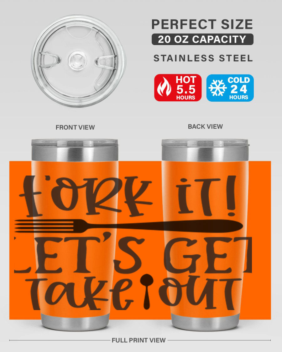 Fork It Let's Get Takeout 95# Kitchen Tumbler in stainless steel with a vibrant printed design, available in 20oz and 30oz sizes.