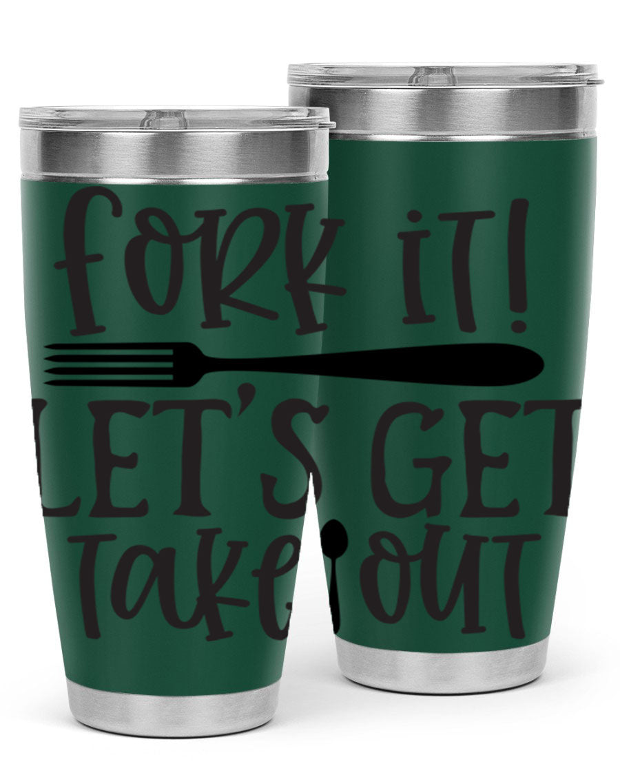 Fork It Let's Get Takeout 95# Kitchen Tumbler in stainless steel with a vibrant printed design, available in 20oz and 30oz sizes.