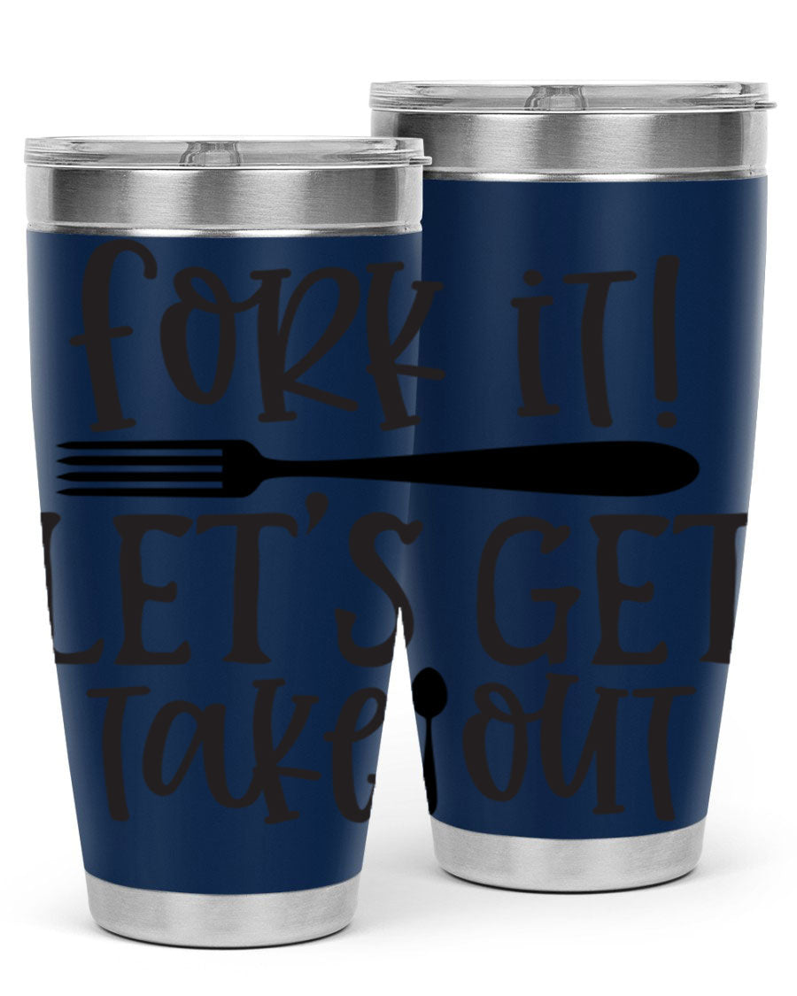 Fork It Let's Get Takeout 95# Kitchen Tumbler in stainless steel with a vibrant printed design, available in 20oz and 30oz sizes.