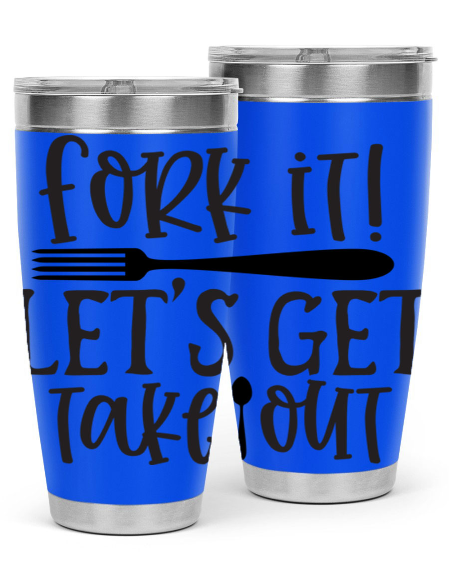 Fork It Let's Get Takeout 95# Kitchen Tumbler in stainless steel with a vibrant printed design, available in 20oz and 30oz sizes.