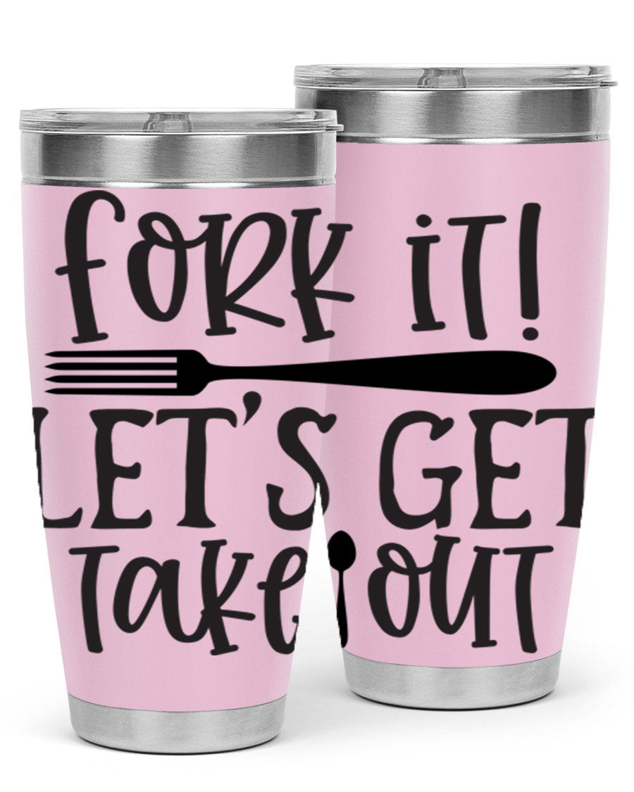 Fork It Let's Get Takeout 95# Kitchen Tumbler in stainless steel with a vibrant printed design, available in 20oz and 30oz sizes.