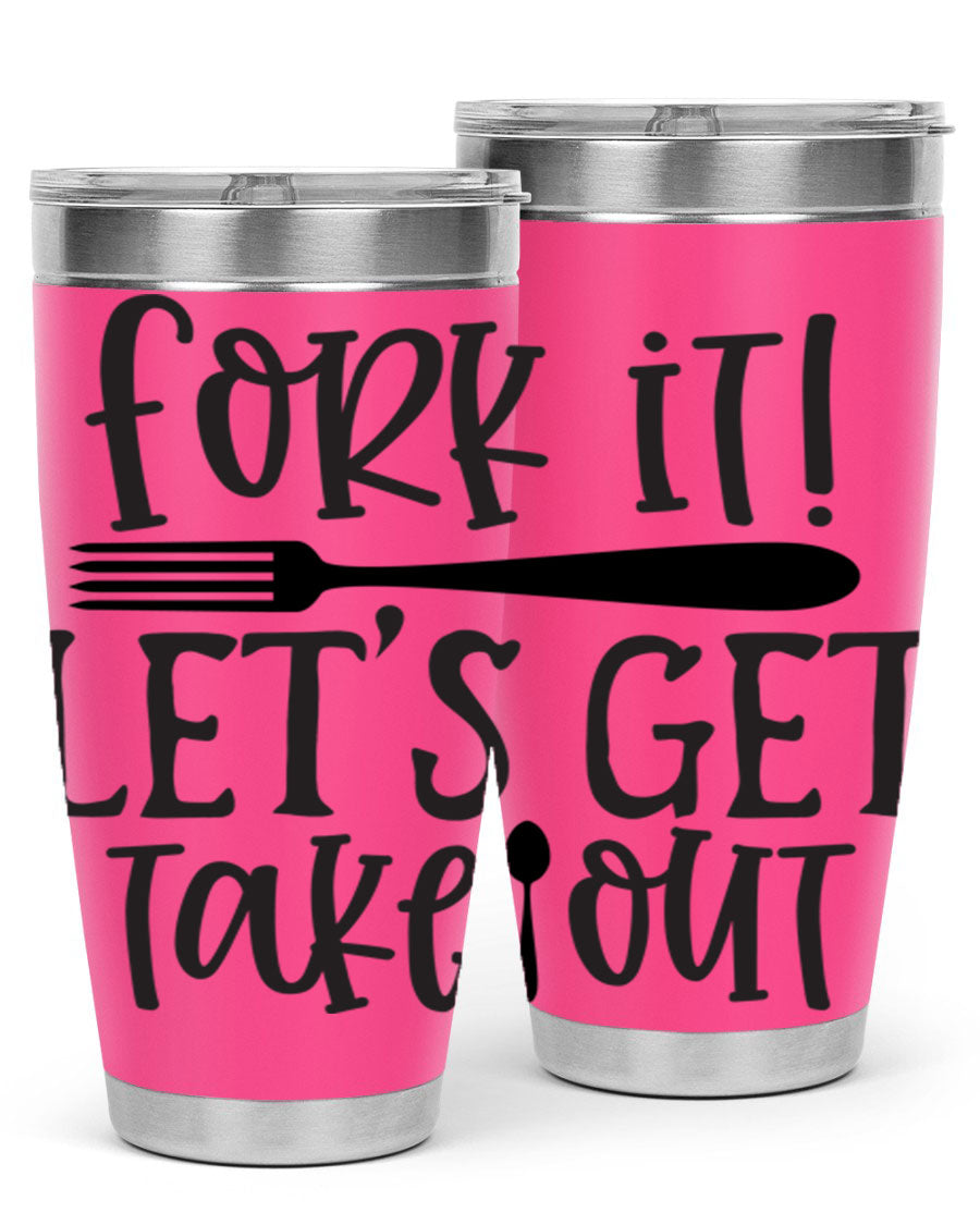 Fork It Let's Get Takeout 95# Kitchen Tumbler in stainless steel with a vibrant printed design, available in 20oz and 30oz sizes.