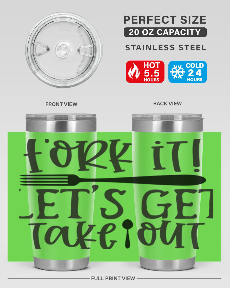 Fork It Let's Get Takeout 95# Kitchen Tumbler in stainless steel with a vibrant printed design, available in 20oz and 30oz sizes.