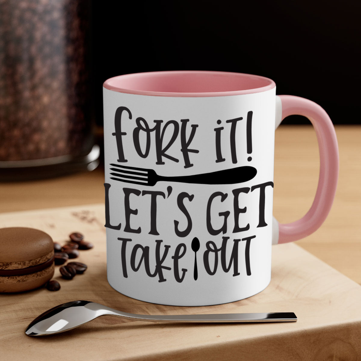 Fork It Let's Get Takeout Mug in five vibrant colors with a glossy finish and C-shaped handle.