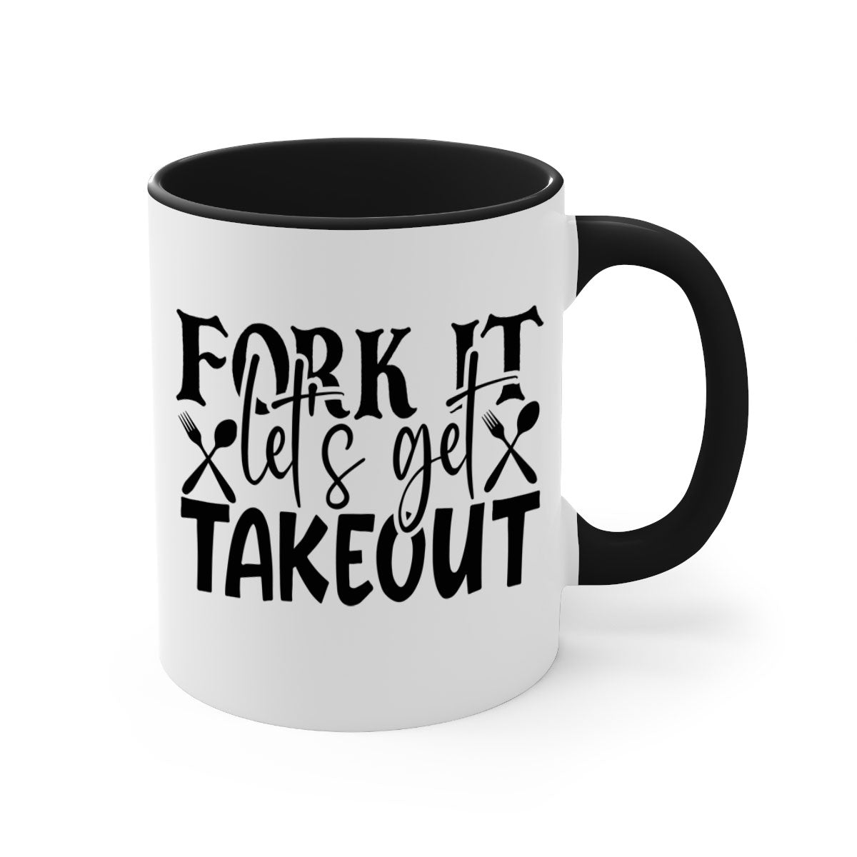 Fork It Lets Get Takeout Mug with colorful handle and glossy finish, available in multiple colors and sizes.