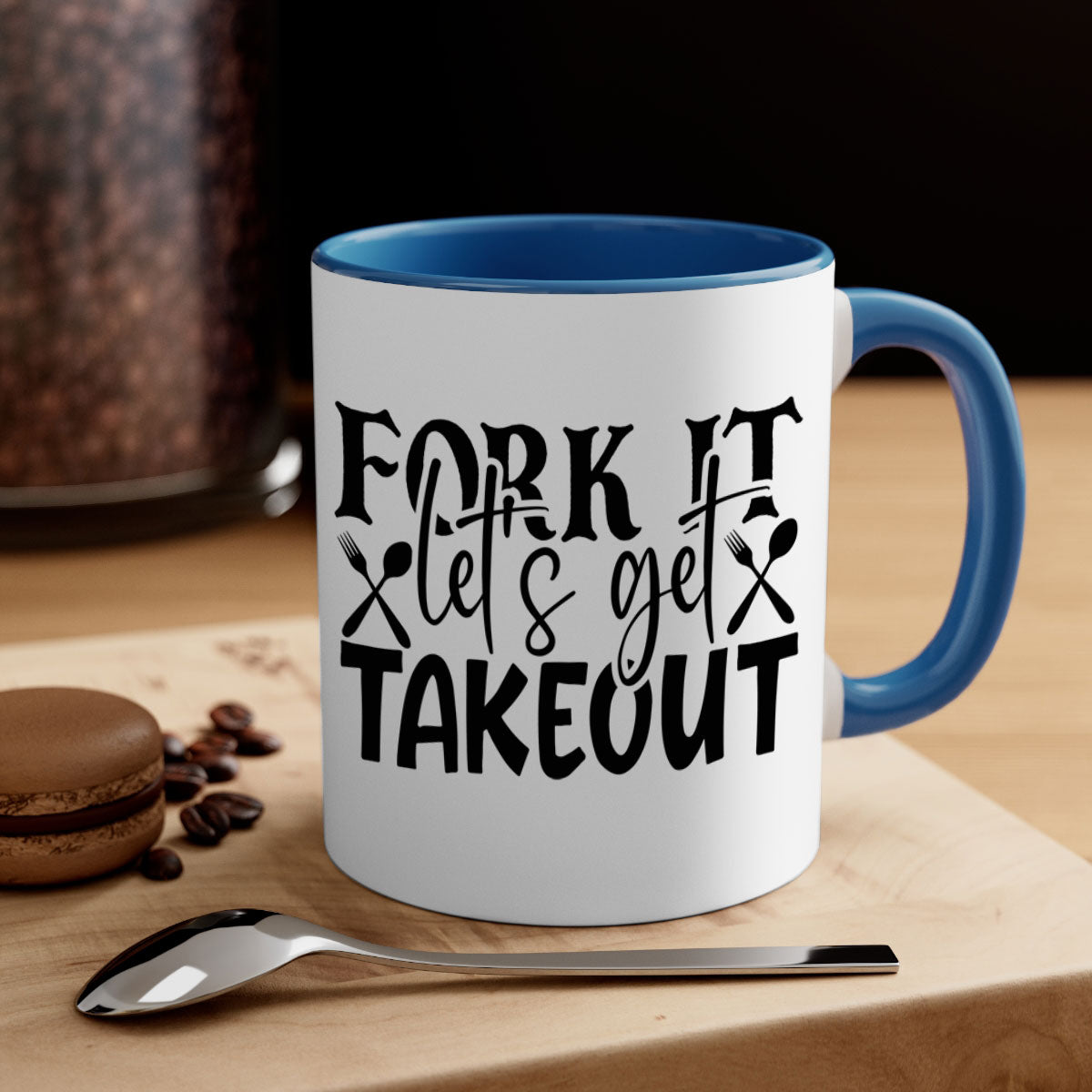 Fork It Lets Get Takeout Mug with colorful handle and glossy finish, available in multiple colors and sizes.