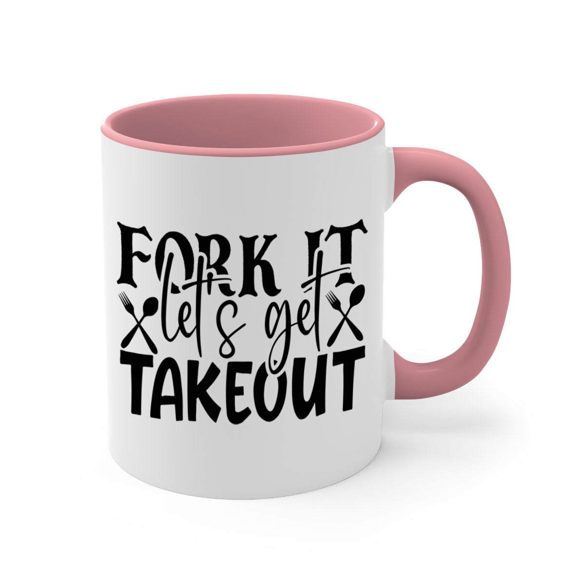 Fork It Lets Get Takeout Mug with colorful handle and glossy finish, available in multiple colors and sizes.