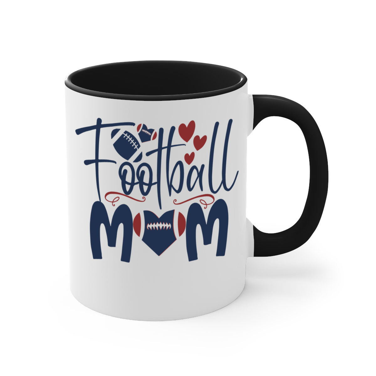 Football Mom Mug with a glossy finish and colored handle, available in multiple colors and sizes.