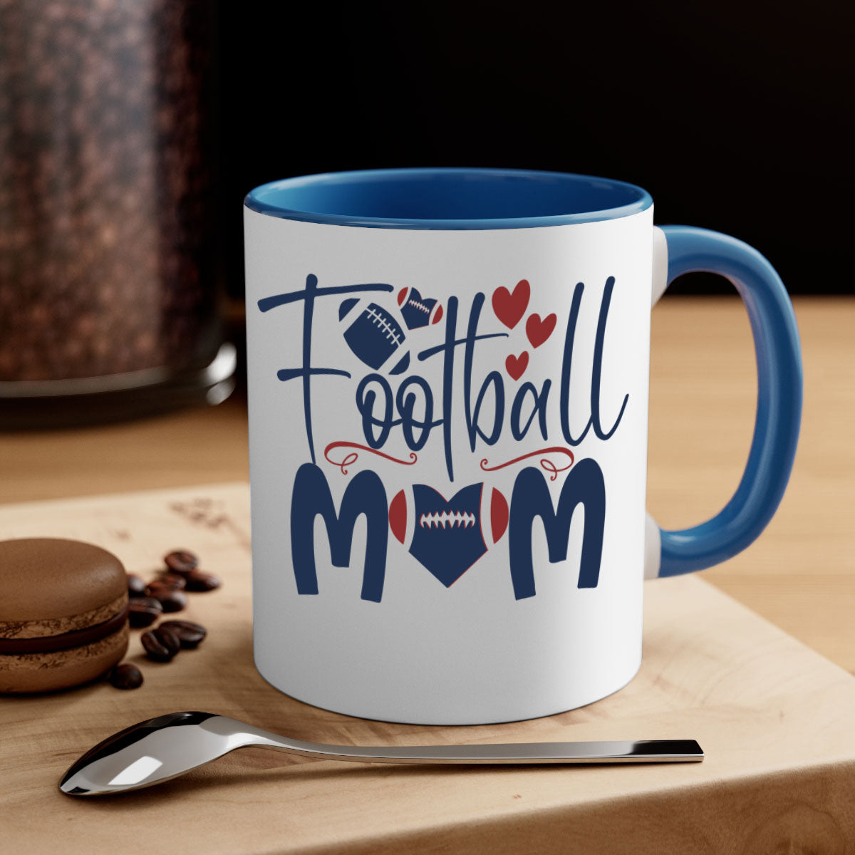 Football Mom Mug with a glossy finish and colored handle, available in multiple colors and sizes.