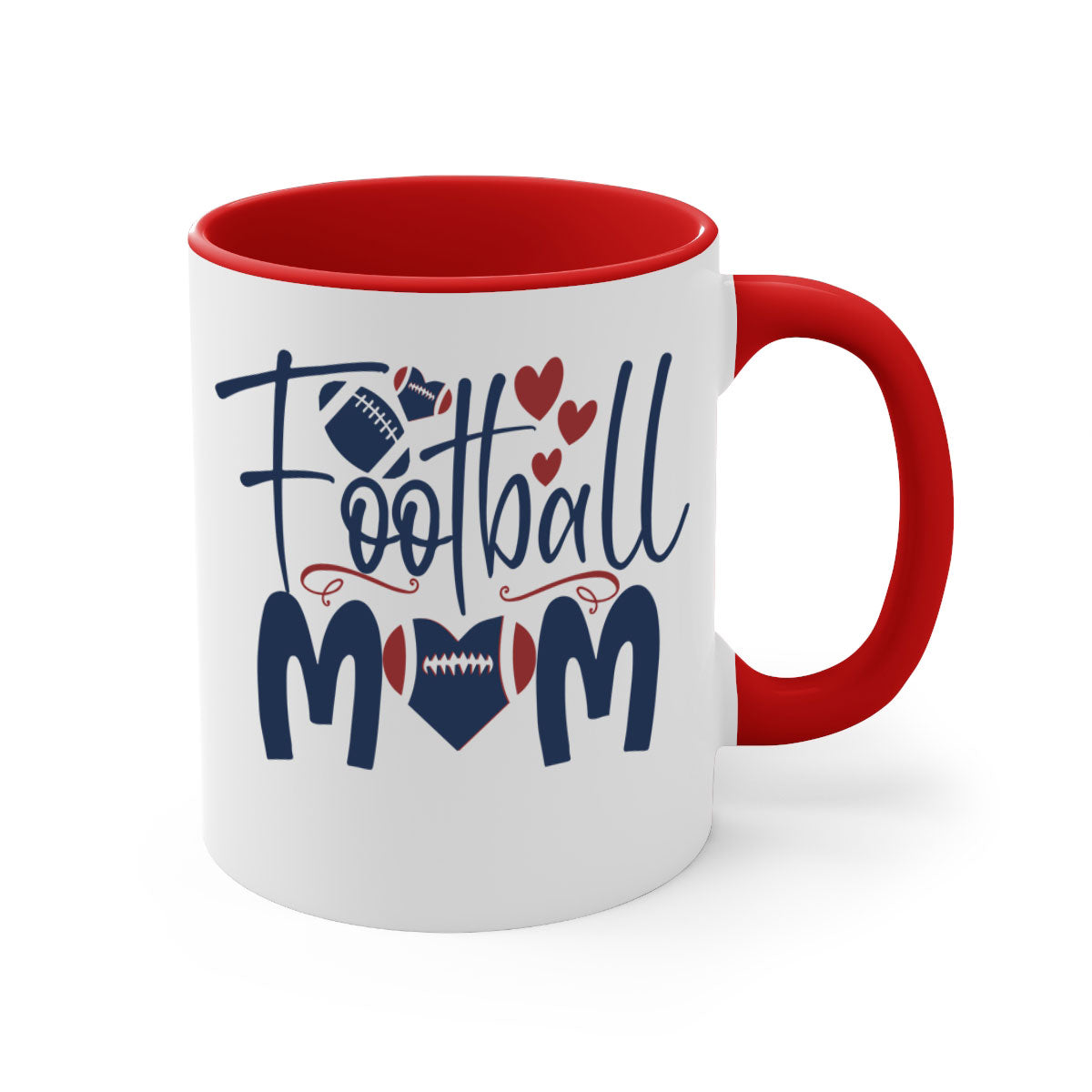 Football Mom Mug with a glossy finish and colored handle, available in multiple colors and sizes.
