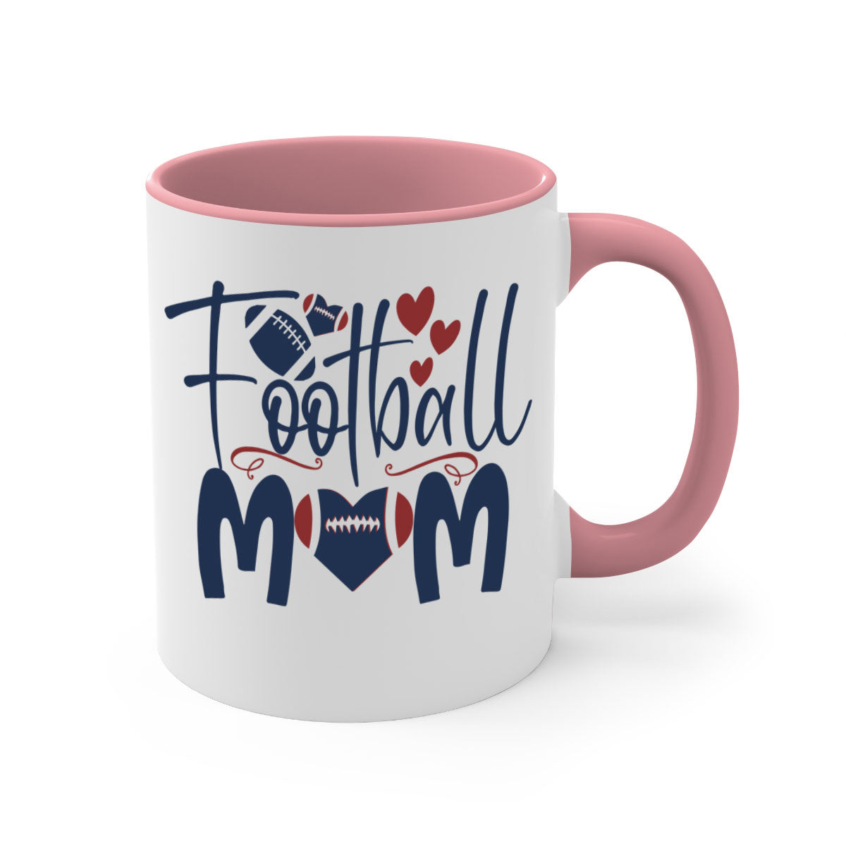 Football Mom Mug with a glossy finish and colored handle, available in multiple colors and sizes.