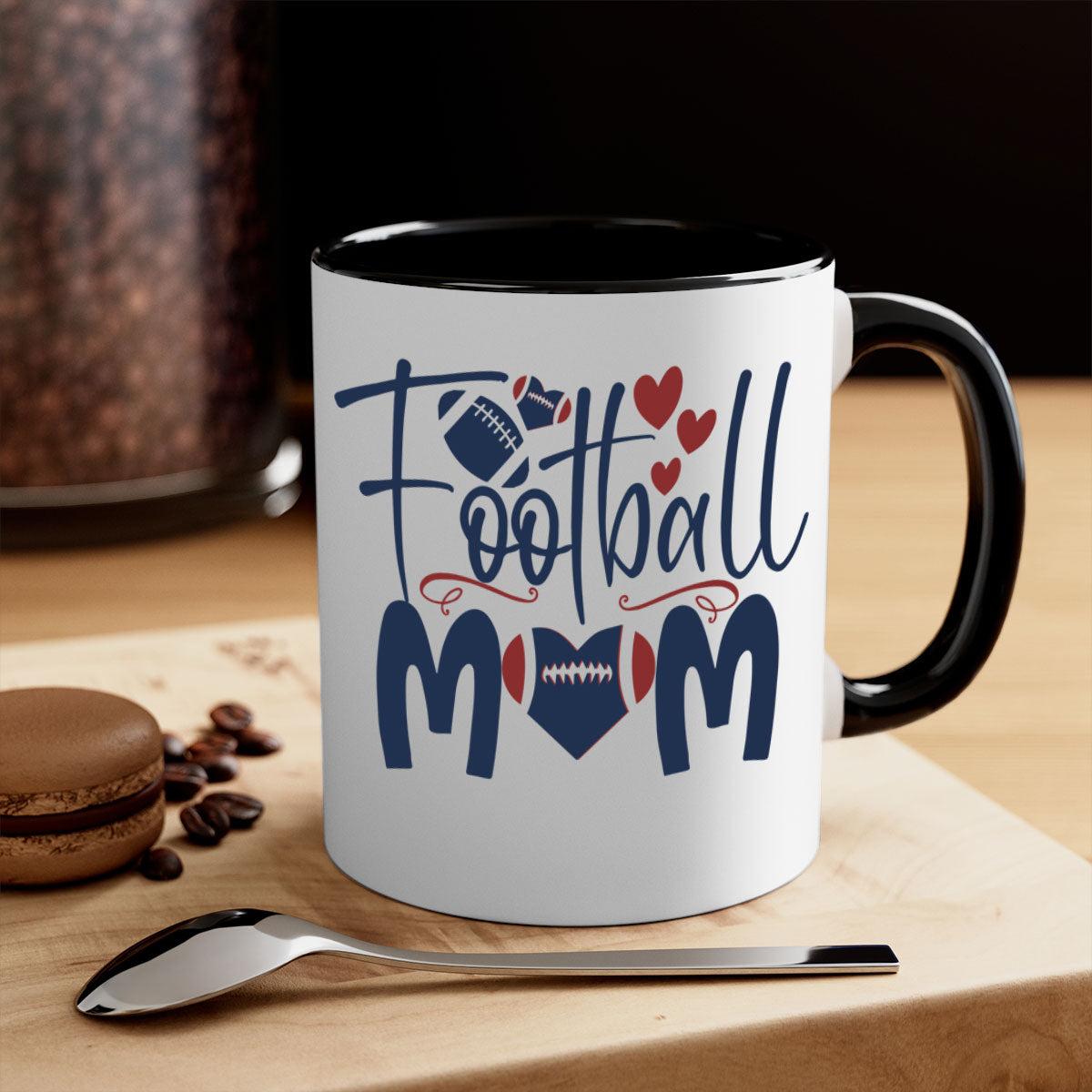 Football Mom Mug with a glossy finish and colored handle, available in multiple colors and sizes.