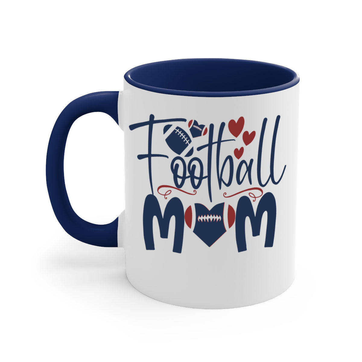 Football Mom Mug with a glossy finish and colored handle, available in multiple colors and sizes.