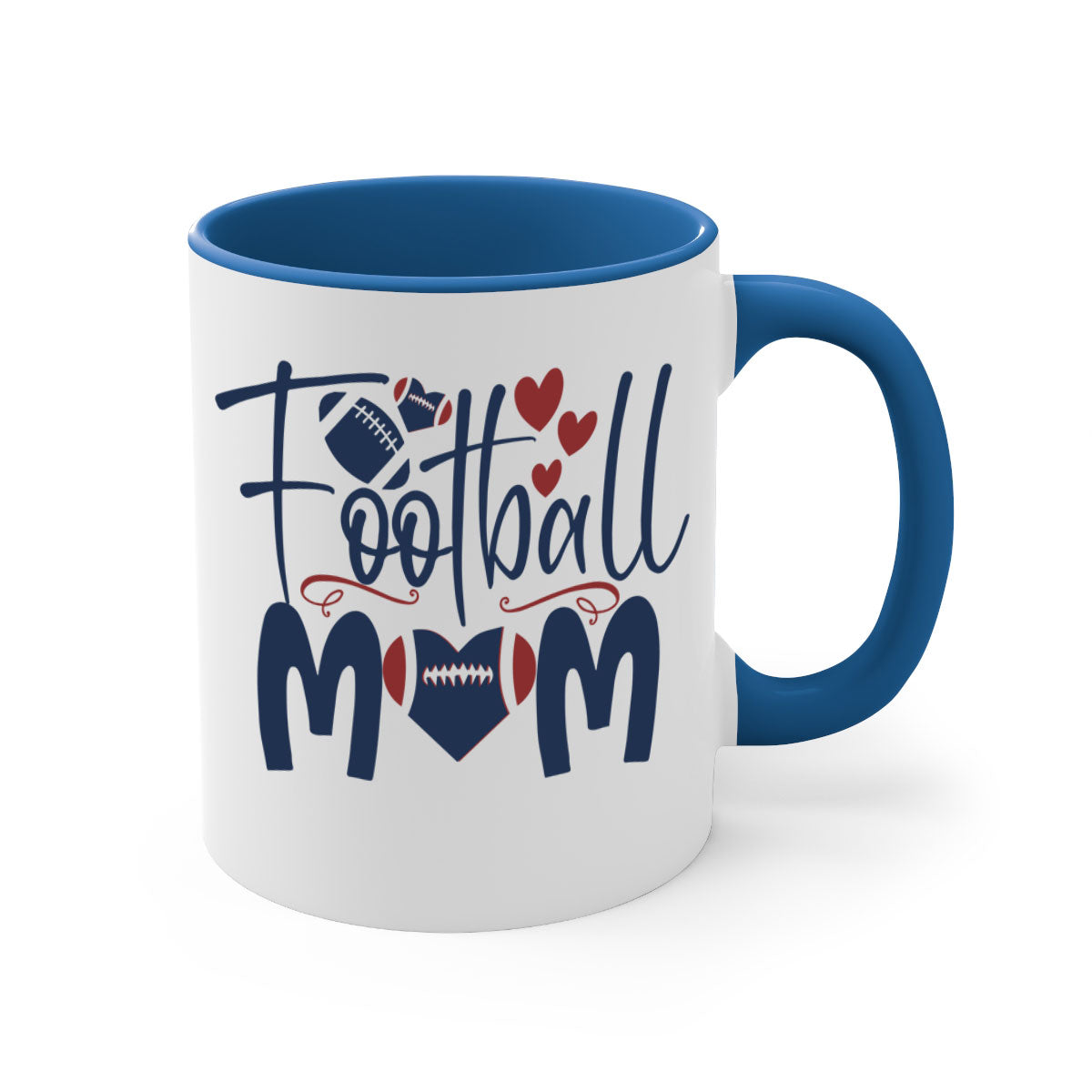 Football Mom Mug with a glossy finish and colored handle, available in multiple colors and sizes.