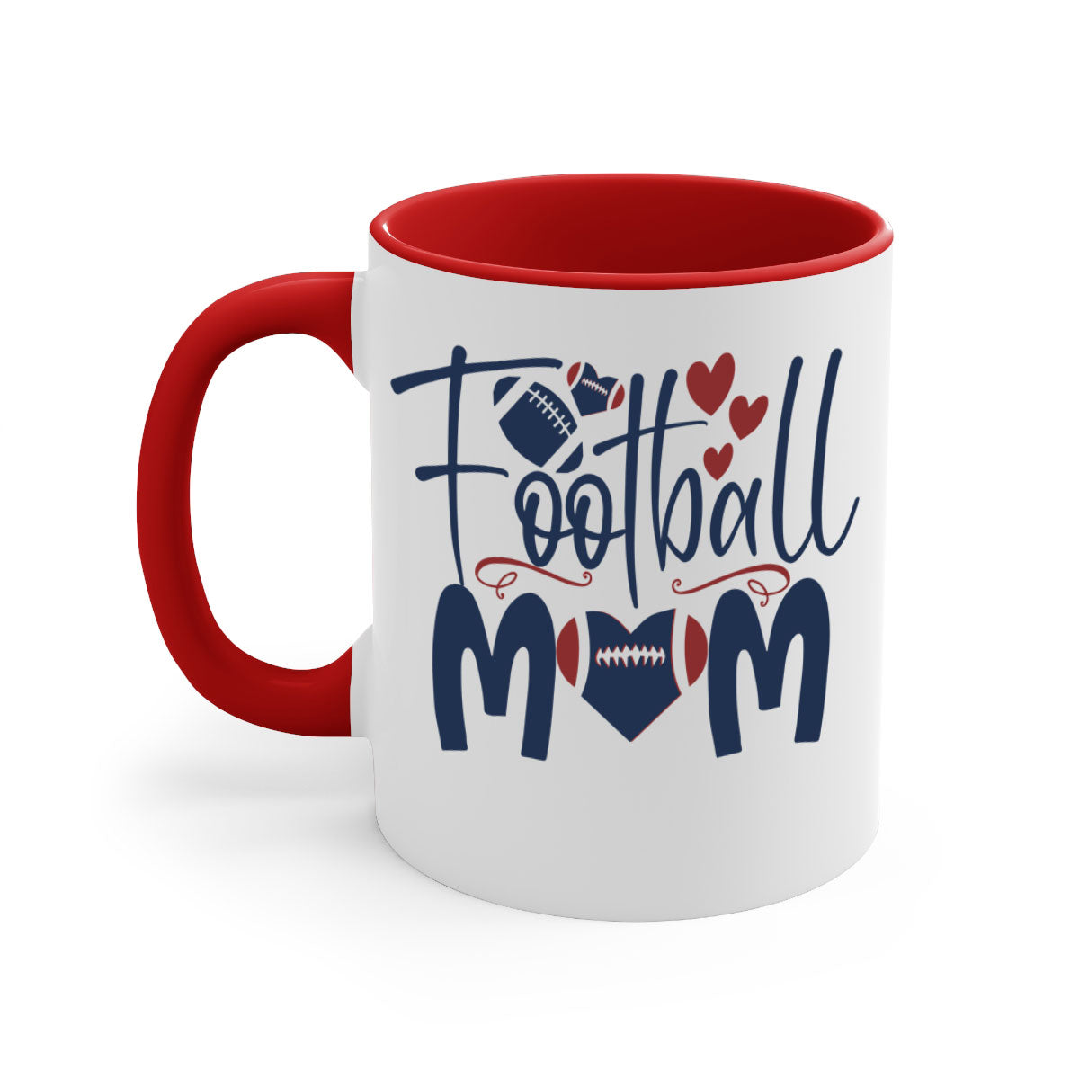 Football Mom Mug with a glossy finish and colored handle, available in multiple colors and sizes.