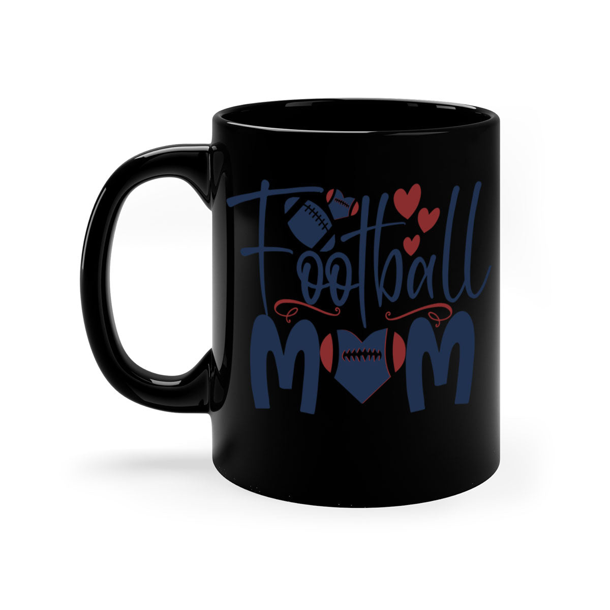Football Mom Mug with a glossy finish and colored handle, available in multiple colors and sizes.