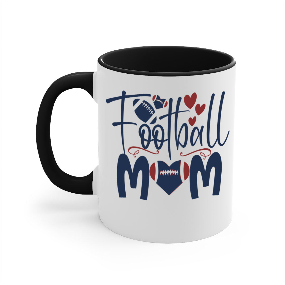 Football Mom Mug with a glossy finish and colored handle, available in multiple colors and sizes.