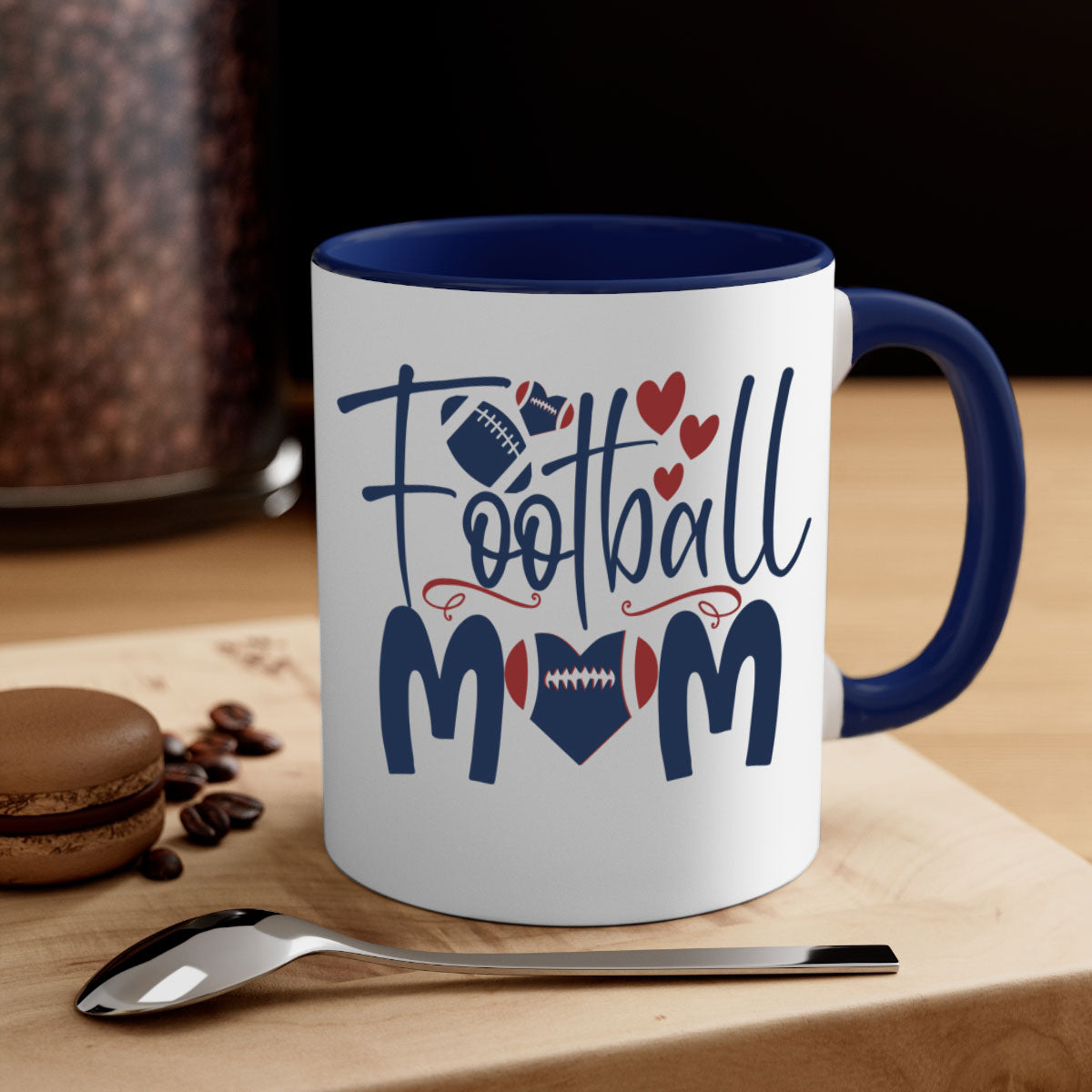 Football Mom Mug with a glossy finish and colored handle, available in multiple colors and sizes.