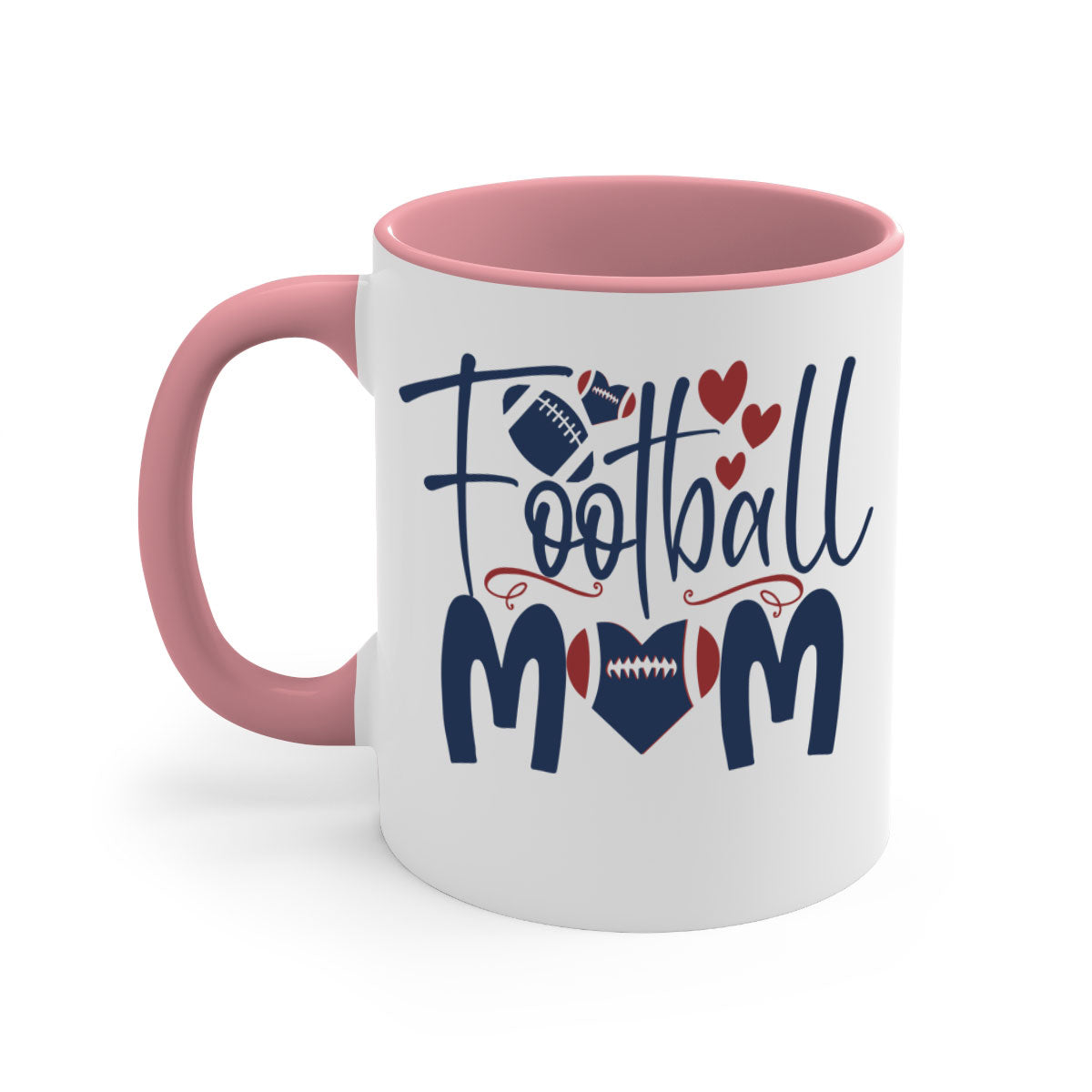 Football Mom Mug with a glossy finish and colored handle, available in multiple colors and sizes.