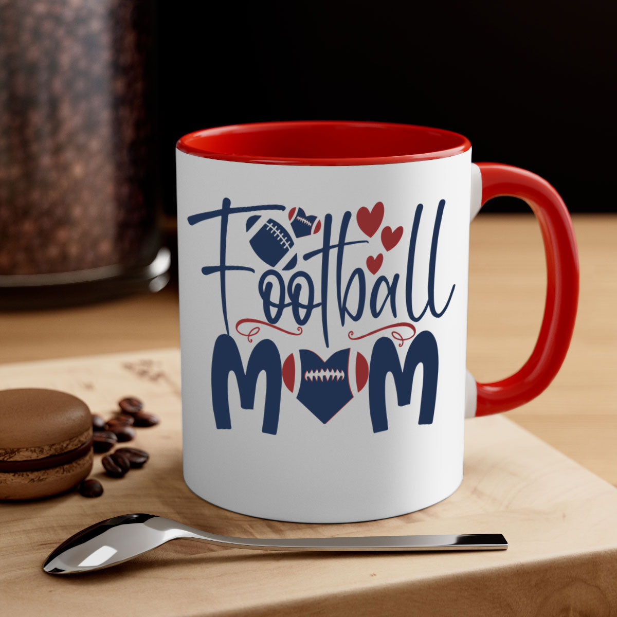 Football Mom Mug with a glossy finish and colored handle, available in multiple colors and sizes.