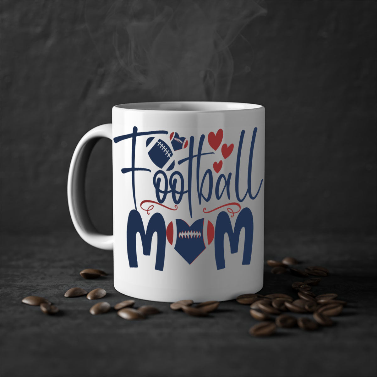 Football Mom Mug with a glossy finish and colored handle, available in multiple colors and sizes.
