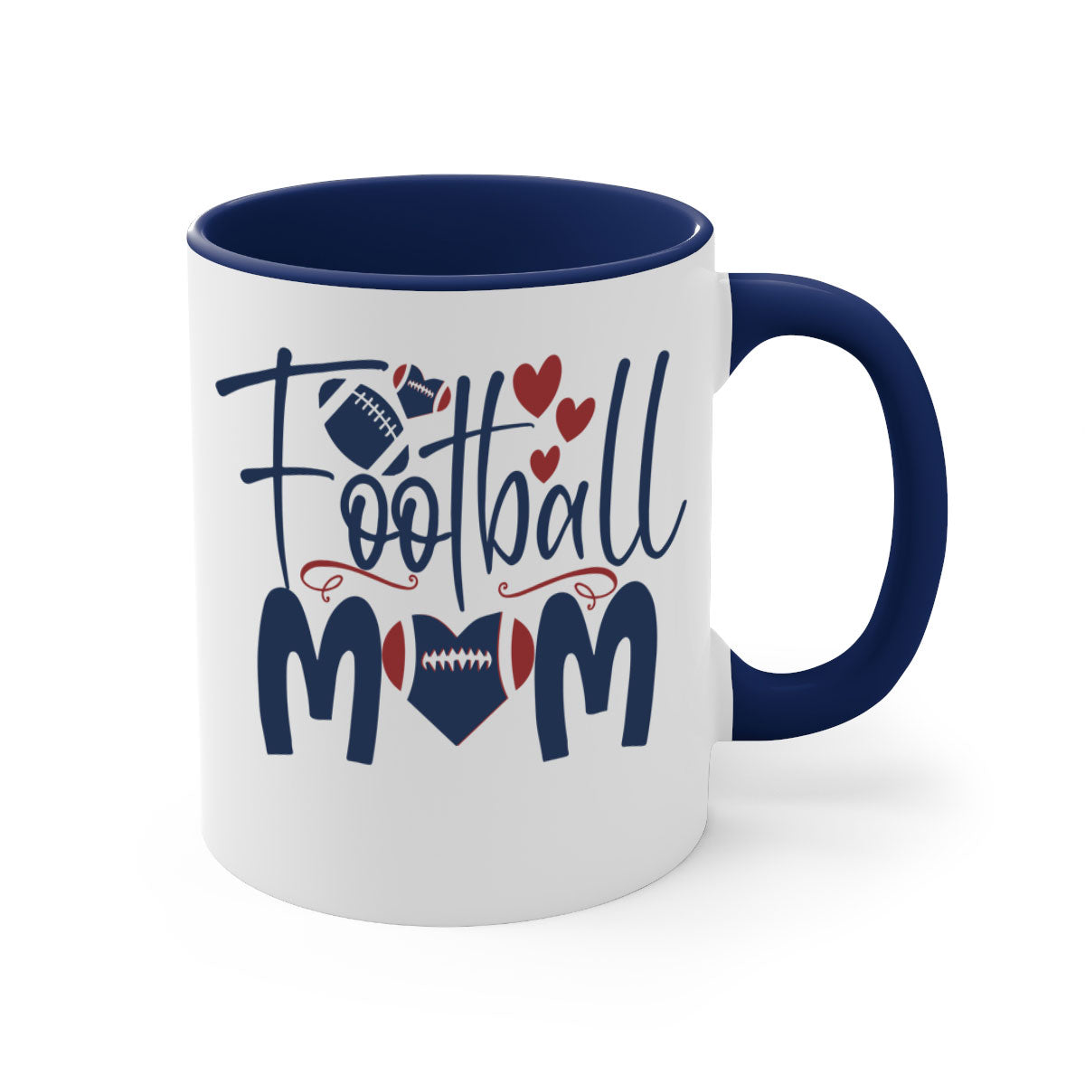 Football Mom Mug with a glossy finish and colored handle, available in multiple colors and sizes.