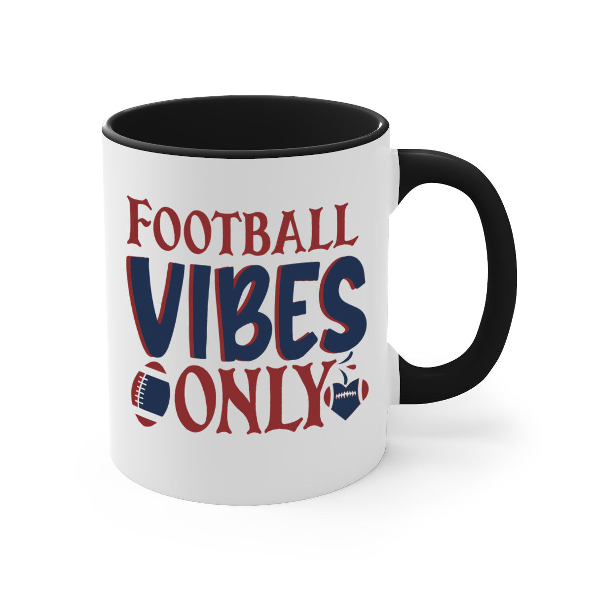 Football Vibes Only Mug with colorful handle and glossy finish, available in multiple colors and sizes.