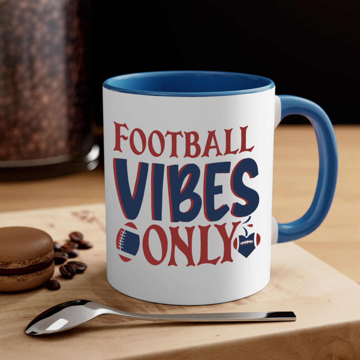 Football Vibes Only Mug with colorful handle and glossy finish, available in multiple colors and sizes.