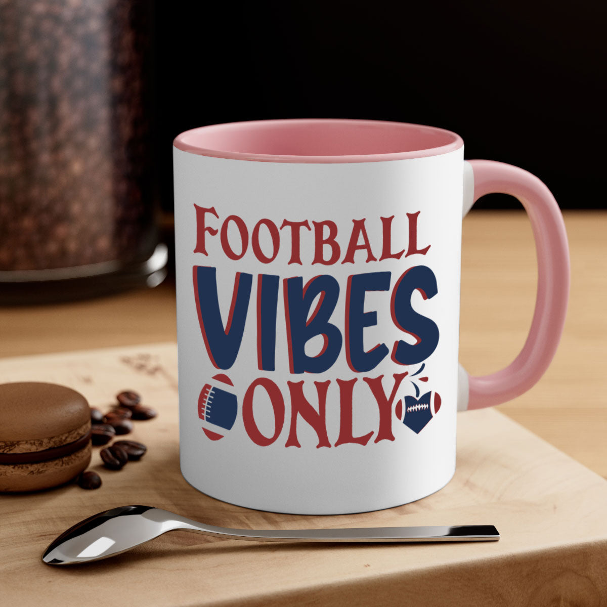 Football Vibes Only Mug with colorful handle and glossy finish, available in multiple colors and sizes.