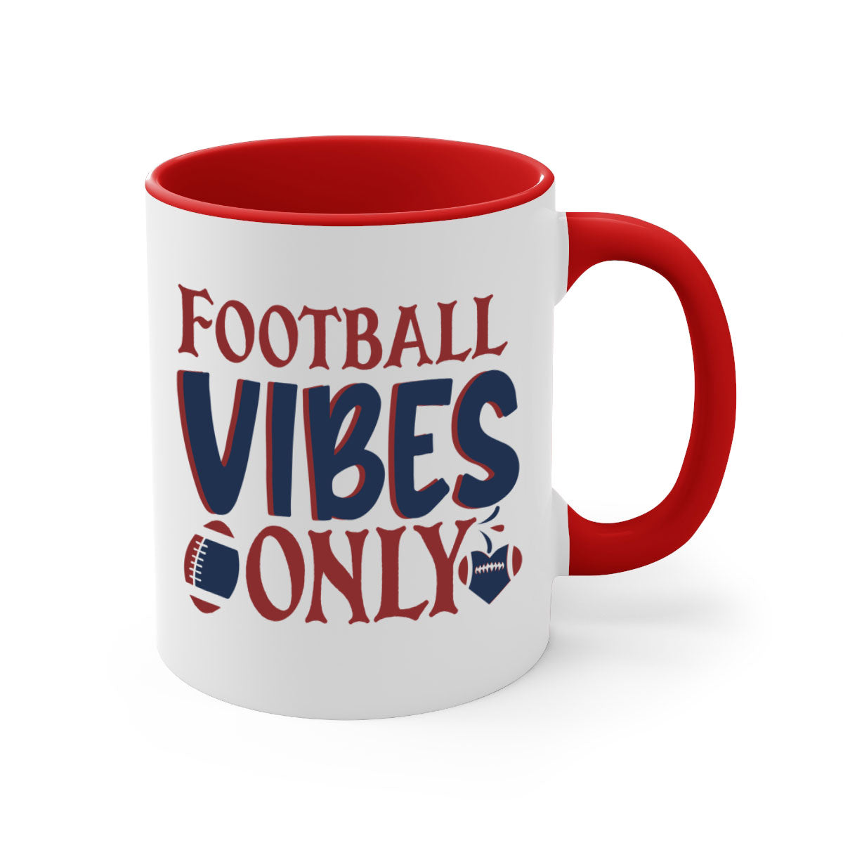 Football Vibes Only Mug with colorful handle and glossy finish, available in multiple colors and sizes.