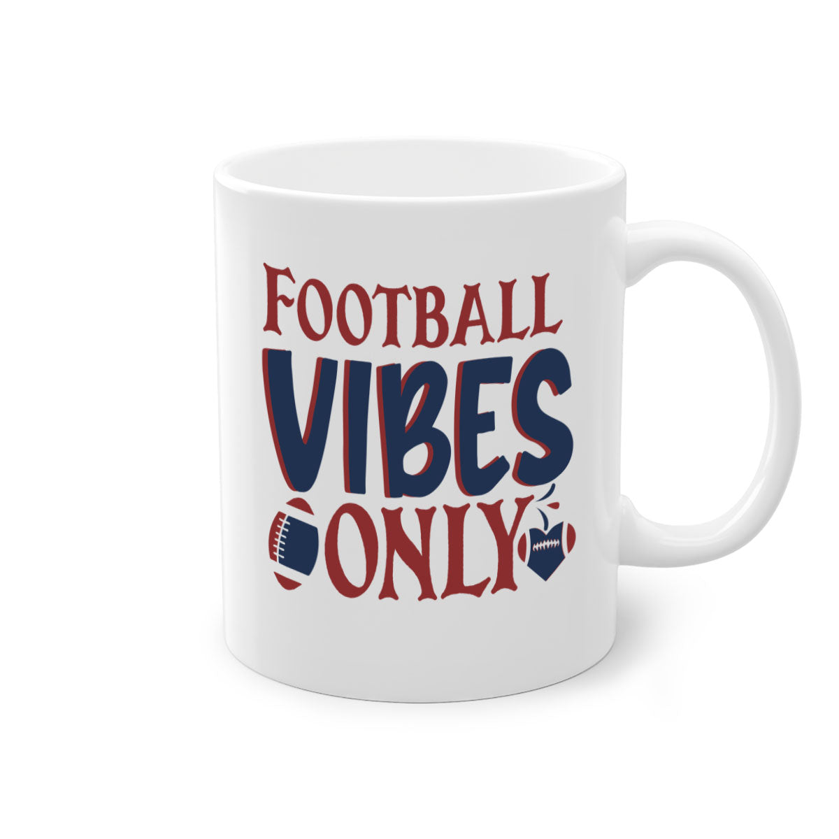 Football Vibes Only Mug with colorful handle and glossy finish, available in multiple colors and sizes.