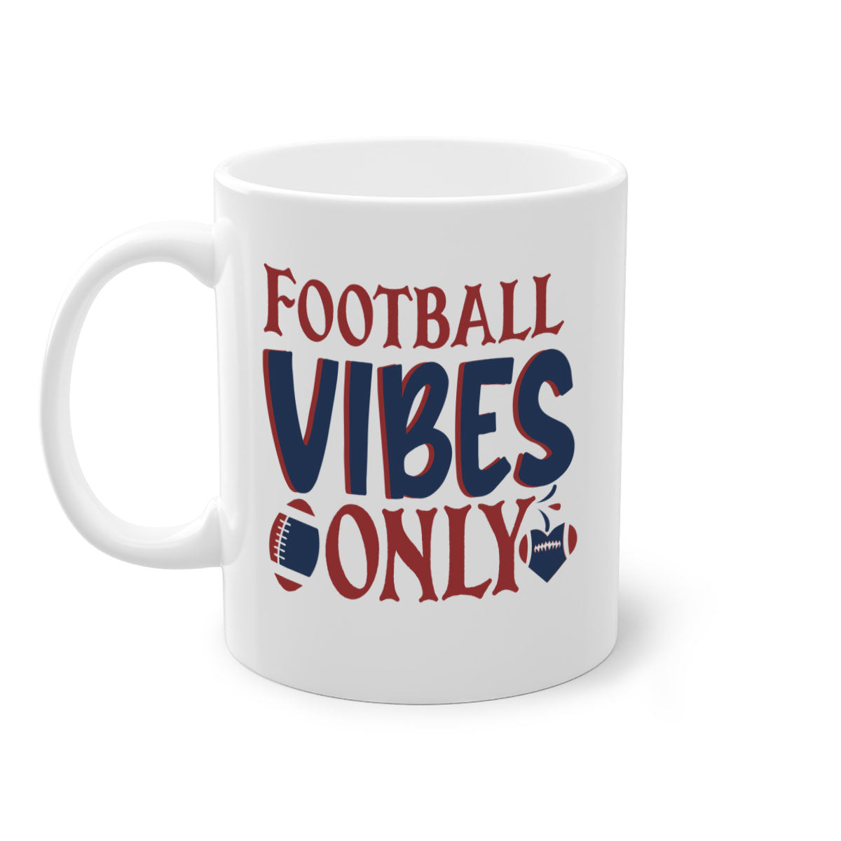 Football Vibes Only Mug with colorful handle and glossy finish, available in multiple colors and sizes.