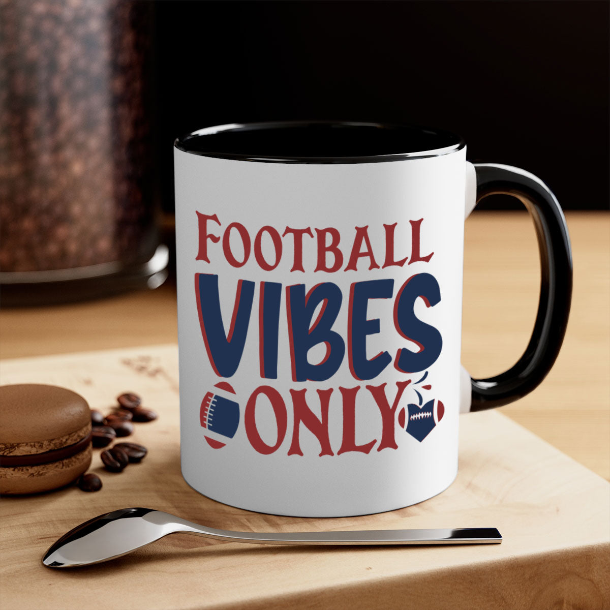 Football Vibes Only Mug with colorful handle and glossy finish, available in multiple colors and sizes.