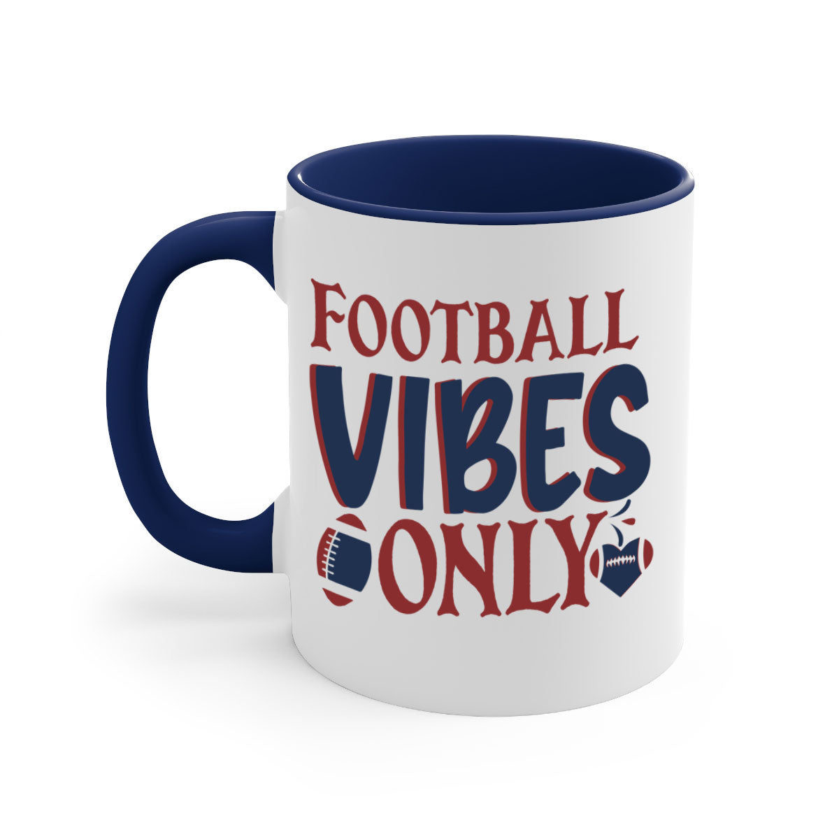 Football Vibes Only Mug with colorful handle and glossy finish, available in multiple colors and sizes.