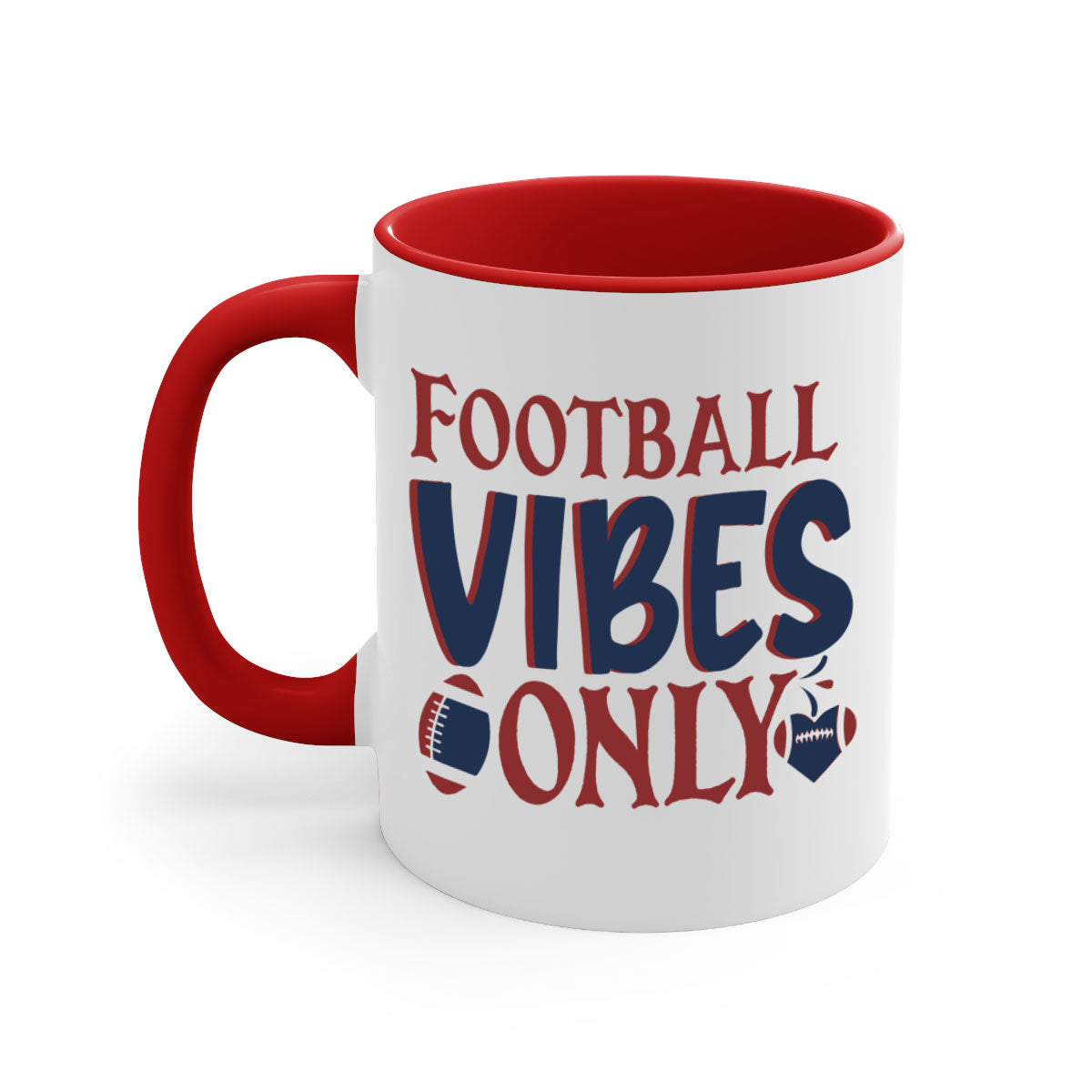 Football Vibes Only Mug with colorful handle and glossy finish, available in multiple colors and sizes.
