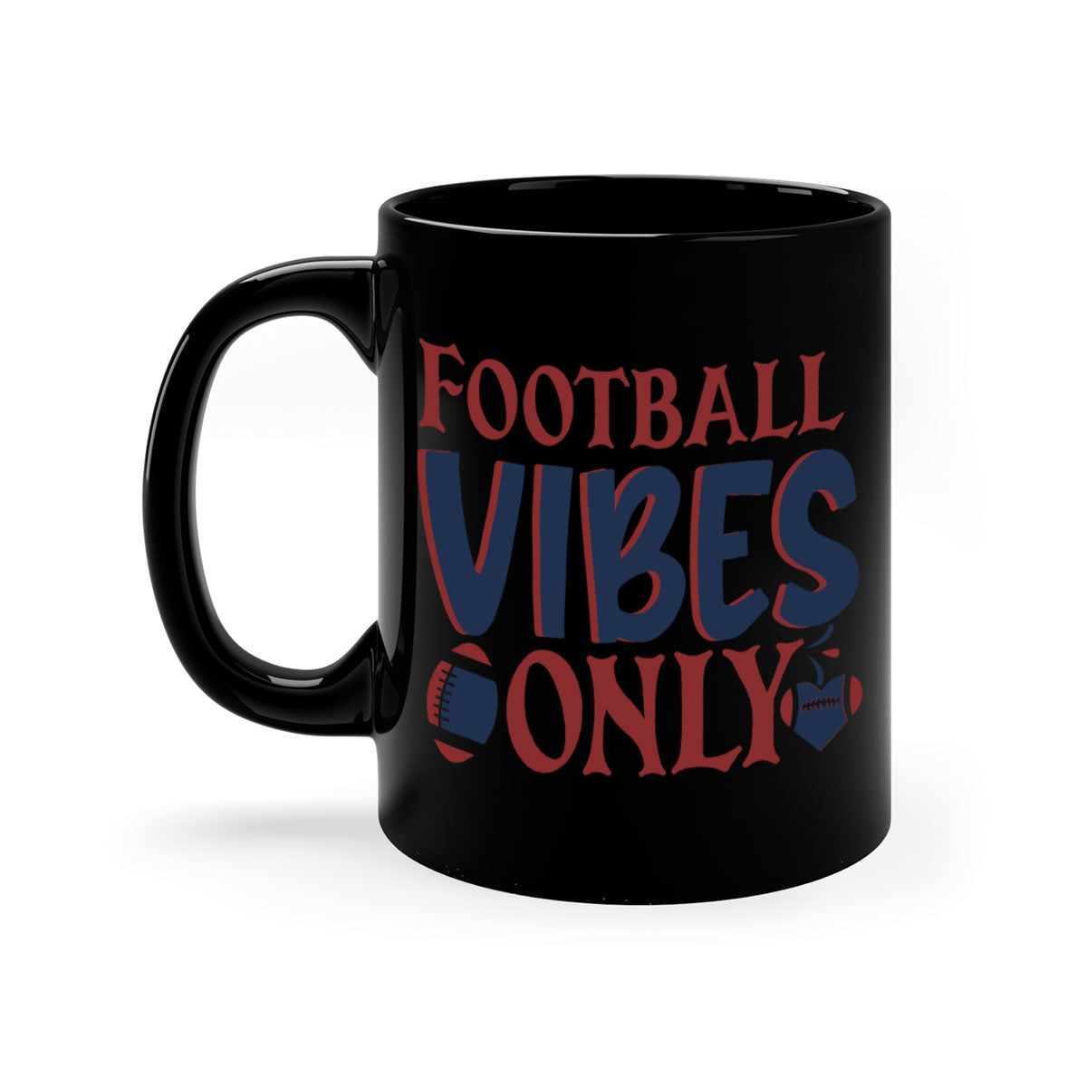 Football Vibes Only Mug with colorful handle and glossy finish, available in multiple colors and sizes.