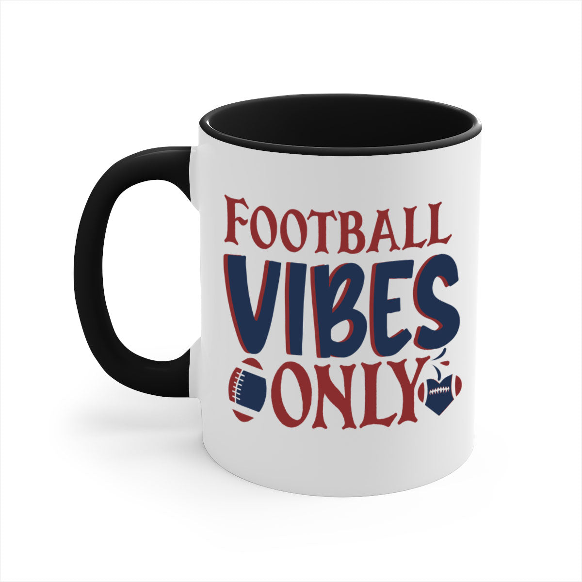 Football Vibes Only Mug with colorful handle and glossy finish, available in multiple colors and sizes.