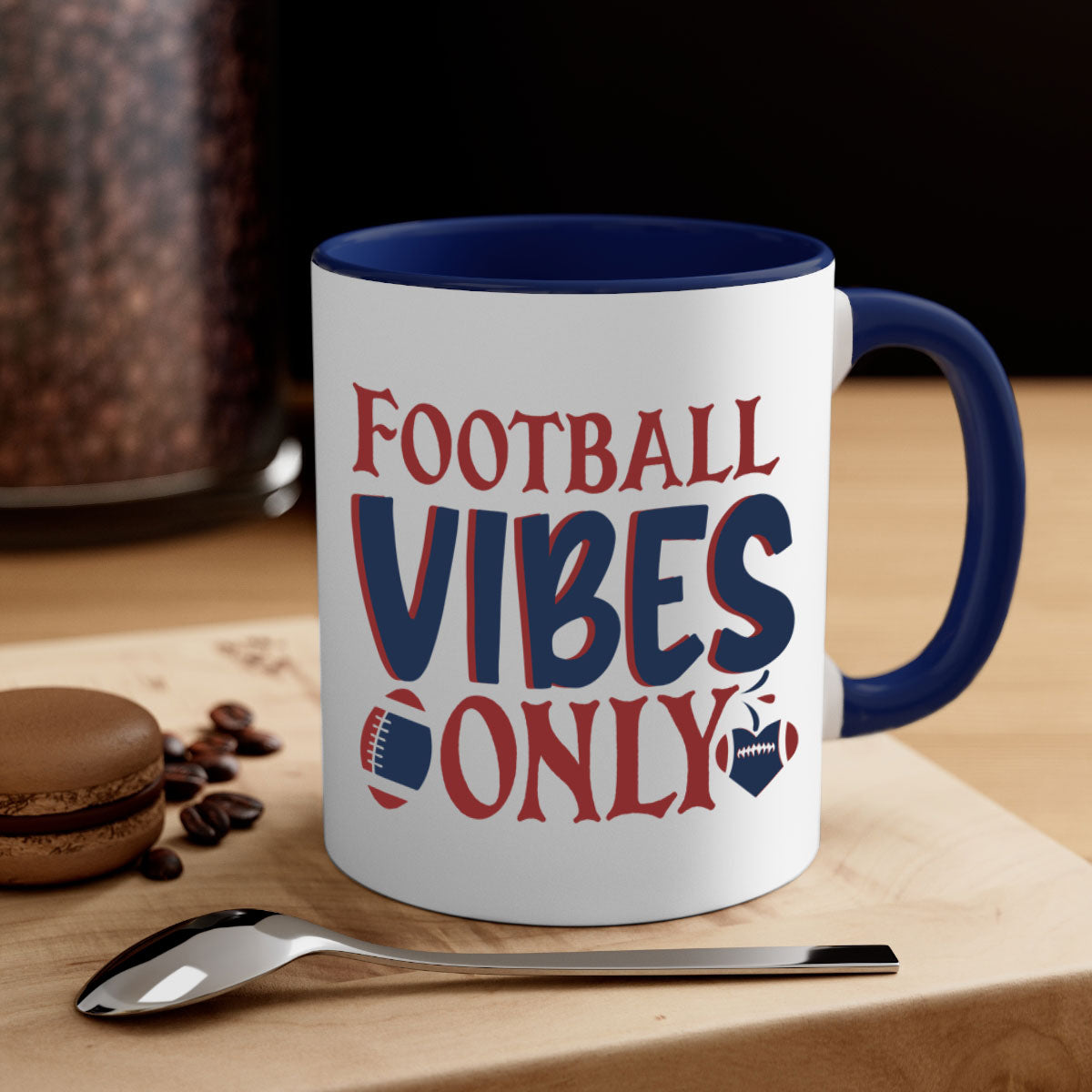 Football Vibes Only Mug with colorful handle and glossy finish, available in multiple colors and sizes.