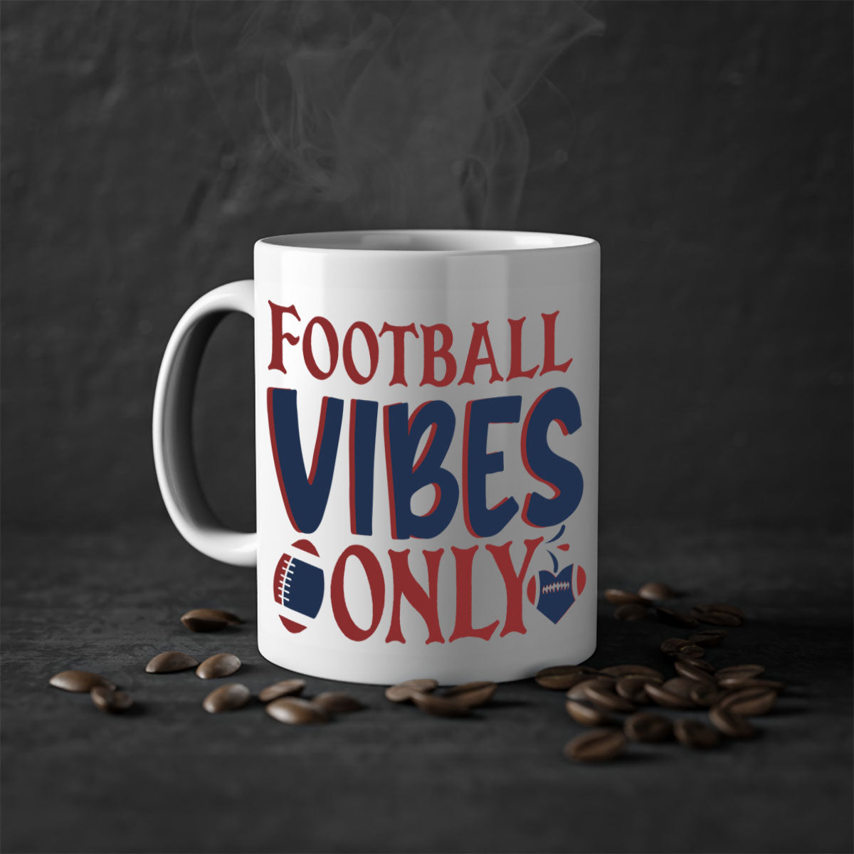 Football Vibes Only Mug with colorful handle and glossy finish, available in multiple colors and sizes.