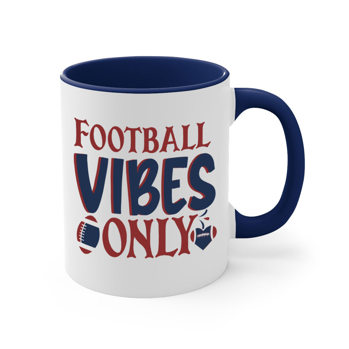 Football Vibes Only Mug with colorful handle and glossy finish, available in multiple colors and sizes.