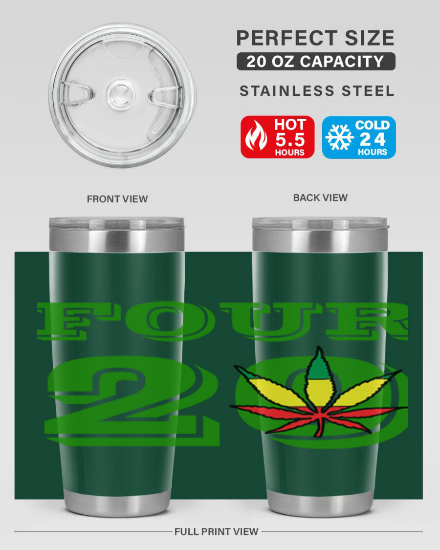 Four Twenty 87# Marijuana Tumbler in stainless steel with a vibrant design, showcasing its double wall vacuum insulation.