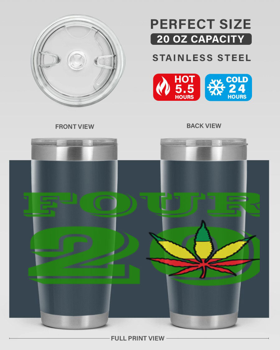 Four Twenty 87# Marijuana Tumbler in stainless steel with a vibrant design, showcasing its double wall vacuum insulation.