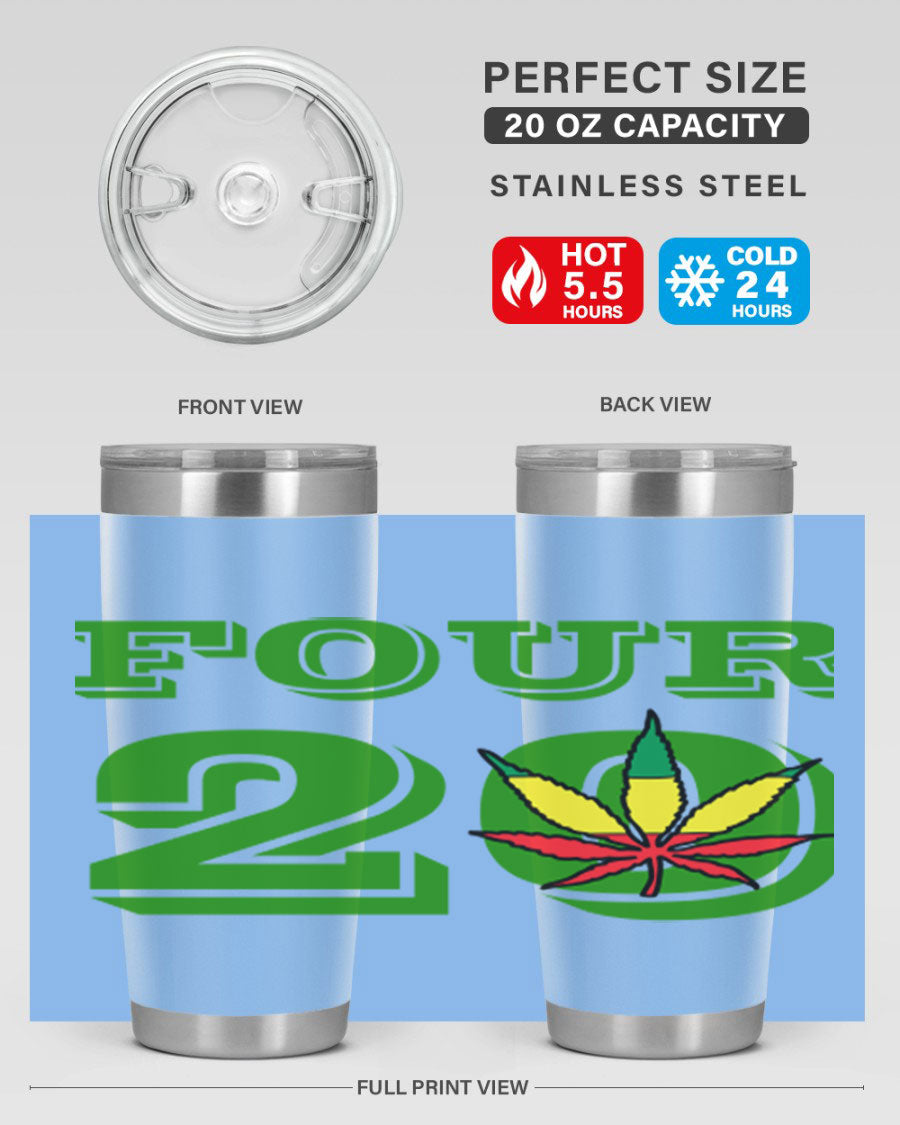 Four Twenty 87# Marijuana Tumbler in stainless steel with a vibrant design, showcasing its double wall vacuum insulation.