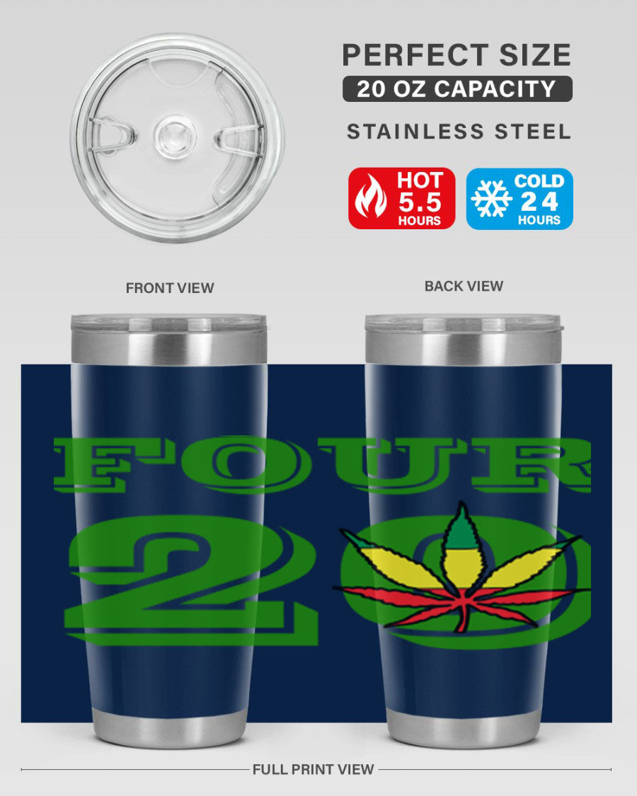 Four Twenty 87# Marijuana Tumbler in stainless steel with a vibrant design, showcasing its double wall vacuum insulation.