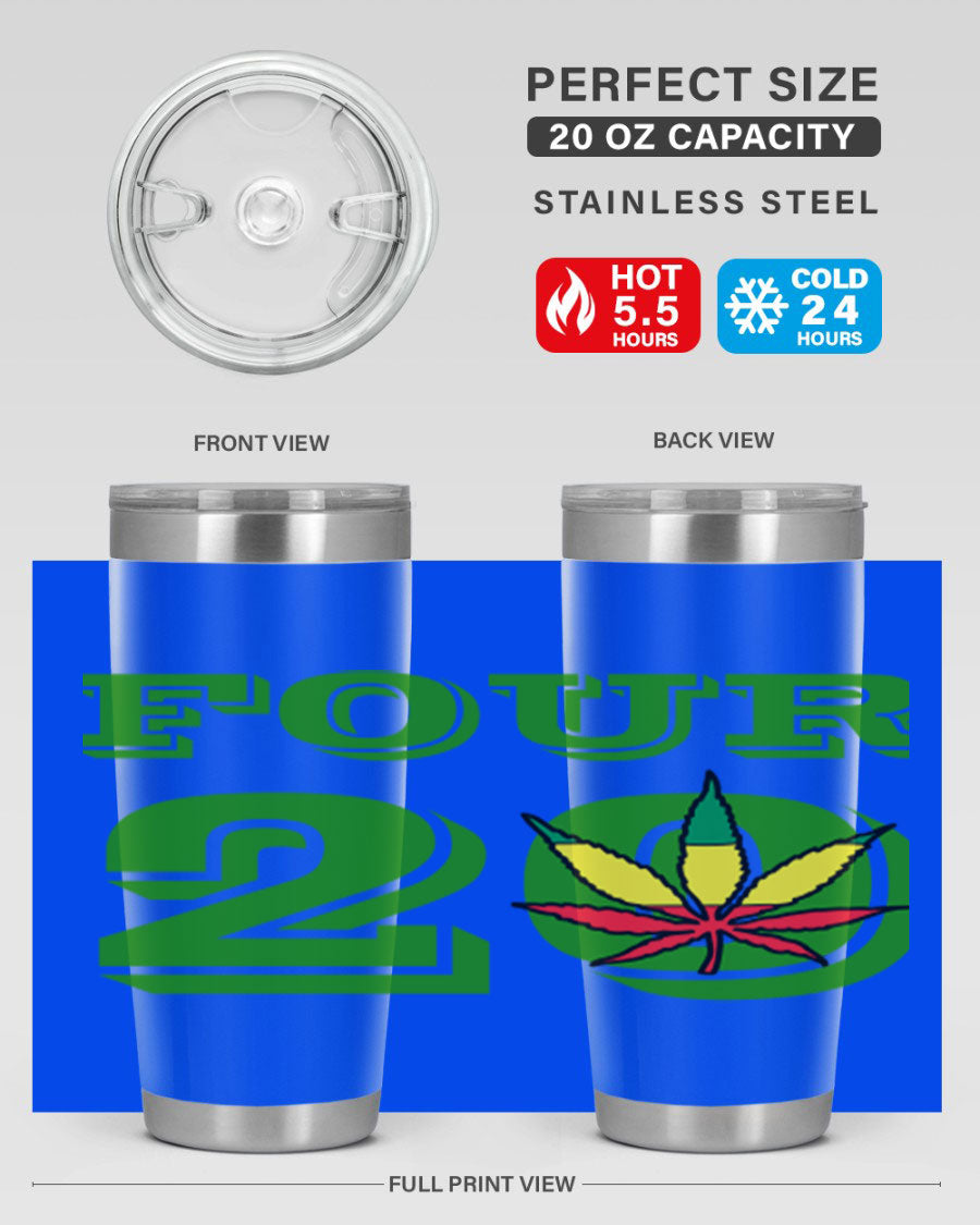 Four Twenty 87# Marijuana Tumbler in stainless steel with a vibrant design, showcasing its double wall vacuum insulation.