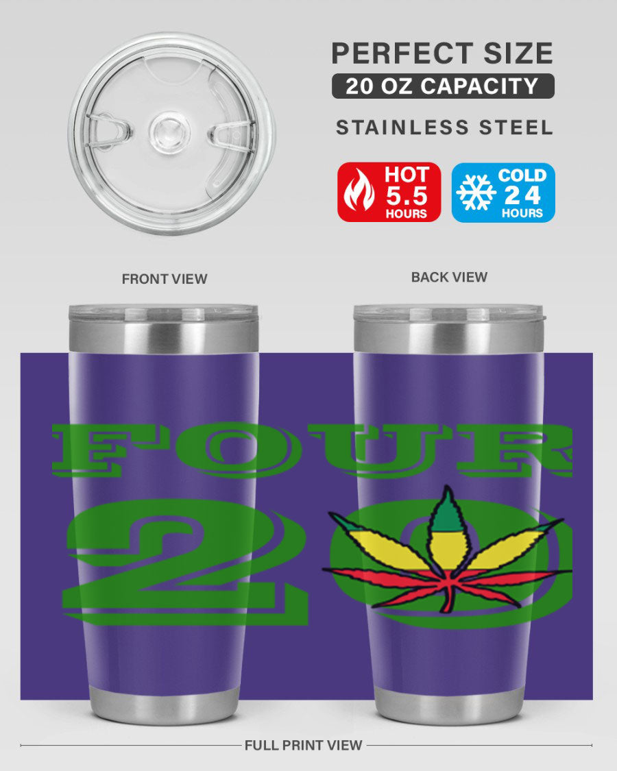 Four Twenty 87# Marijuana Tumbler in stainless steel with a vibrant design, showcasing its double wall vacuum insulation.