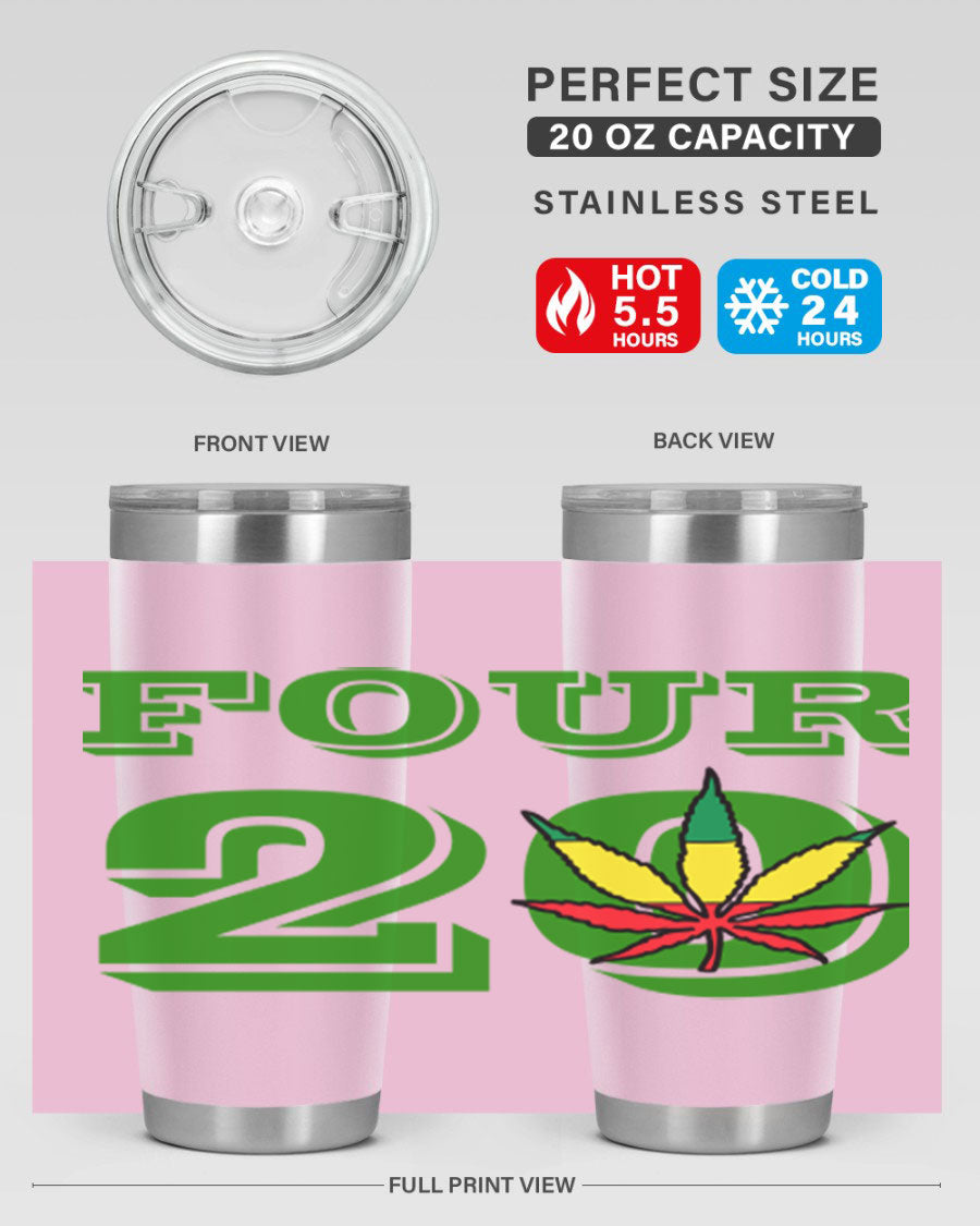 Four Twenty 87# Marijuana Tumbler in stainless steel with a vibrant design, showcasing its double wall vacuum insulation.