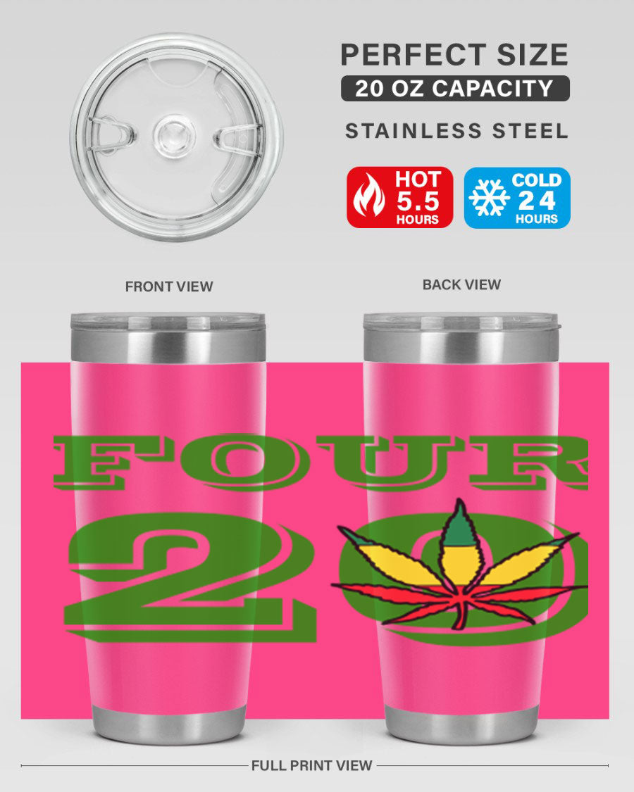 Four Twenty 87# Marijuana Tumbler in stainless steel with a vibrant design, showcasing its double wall vacuum insulation.